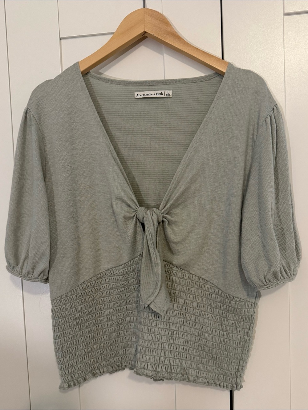 Abercrombie & Fitch Sage Green Tie-Front Puff Sleeve Top